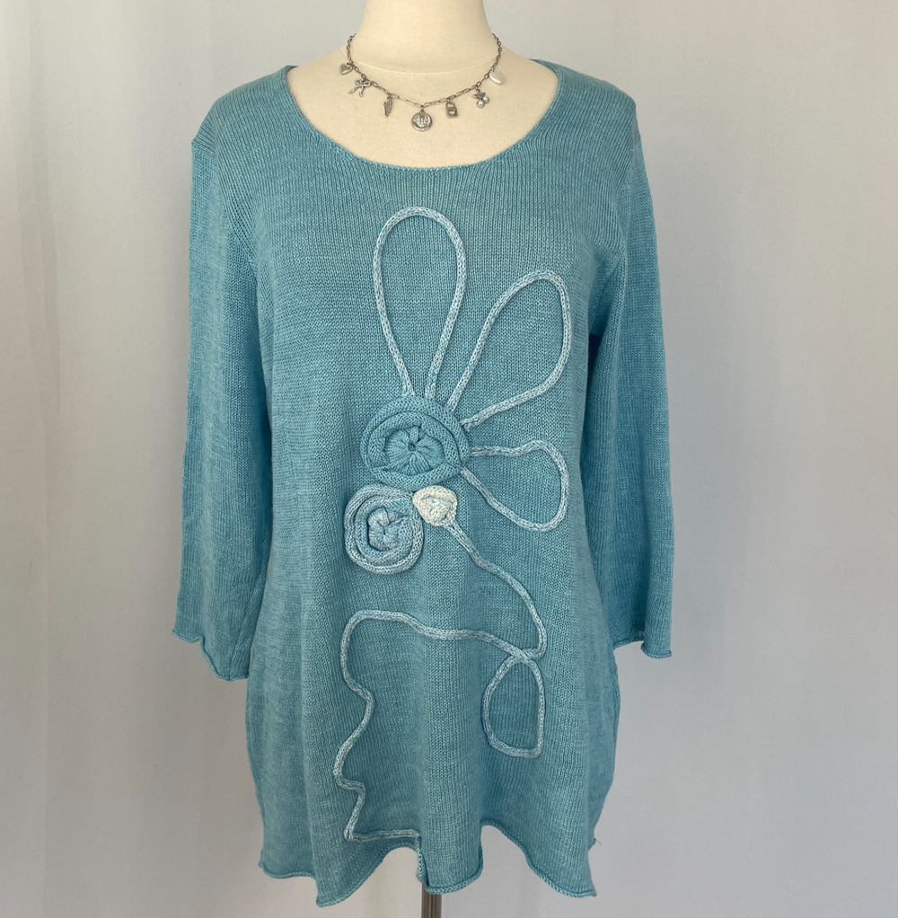 Grizas Sweater Size Large Blue Flower Abstract Linen Knit Loose Boho Lagenlook